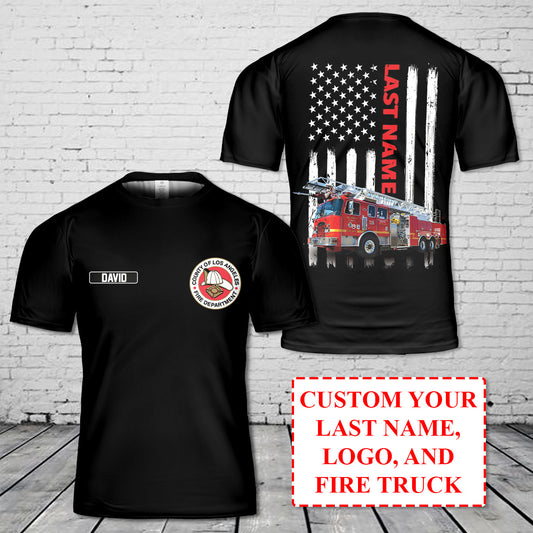 Custom Last Name & Fire Truck, Logo Flag 3D T-Shirt