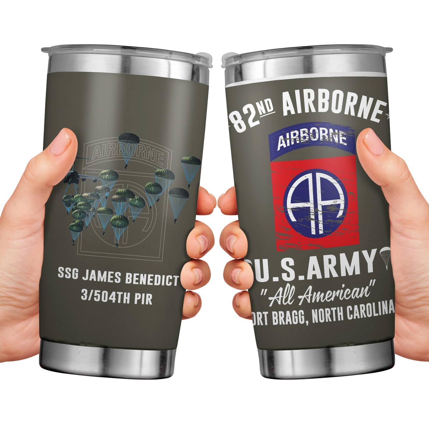 Custom Name, Rank & Unit US Army 82nd Airborne Division Fort Bragg NC Tumbler 20oz