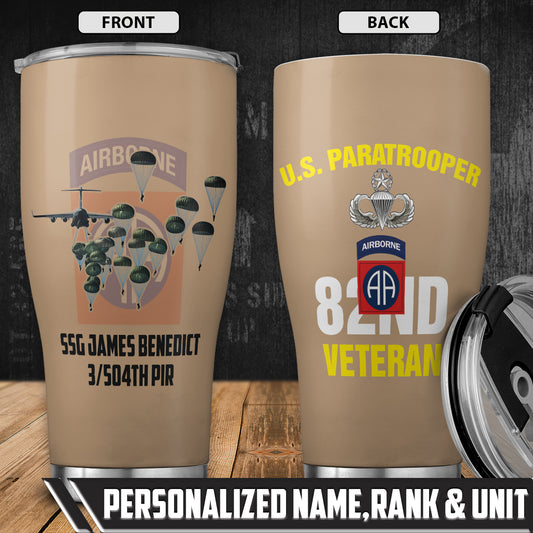Custom Name, Rank & Unit US Army 82nd Airborne Division Veteran Paratrooper Tumbler 20oz