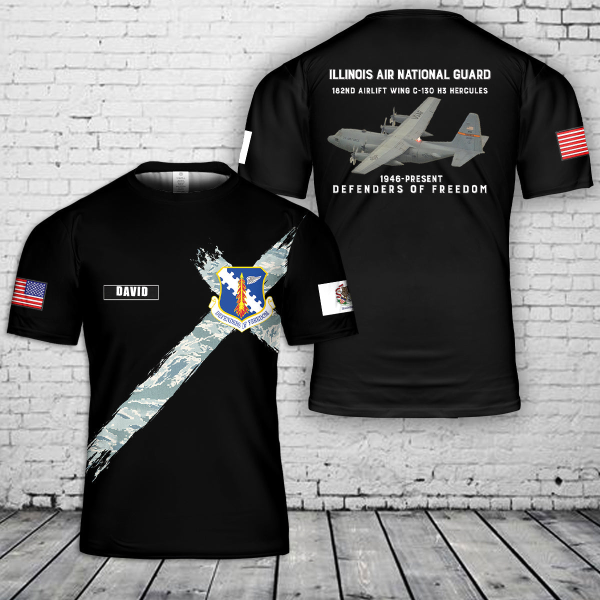 Custom Name 182nd Airlift Wing Illinois Air National Guard C-130 H3 Hercules 3D T-Shirt