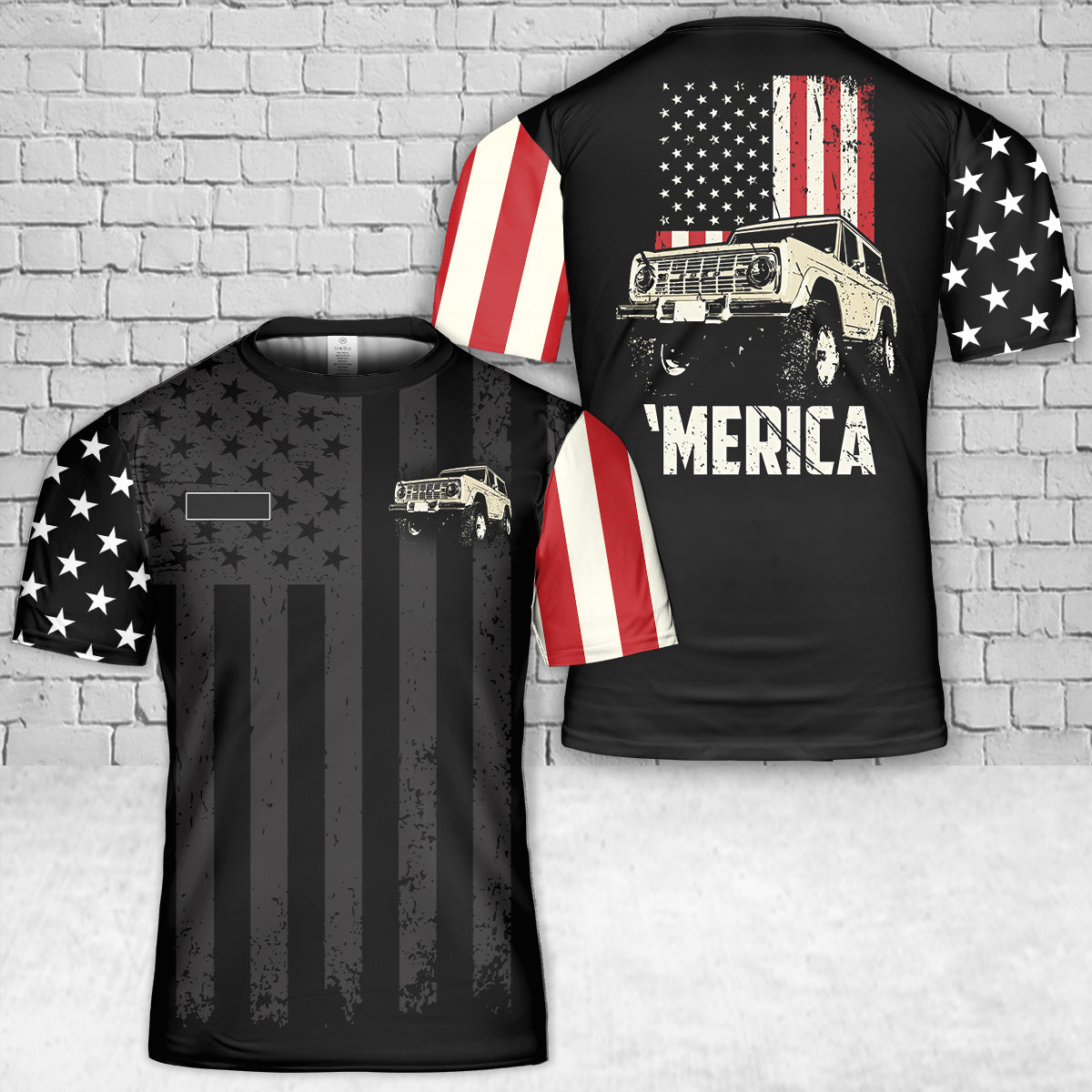 Custom Name 1966-74 Classic Ford Bronco Truck 'Merica Flag T-Shirt 3D