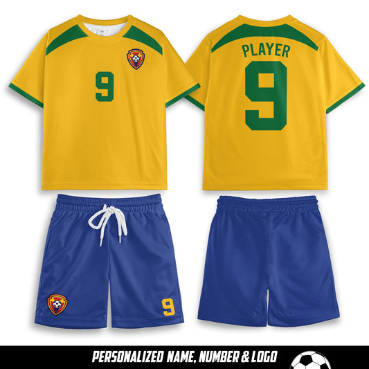 Custom Name, Number And Logo Brazil AOP Youth Soccer Jersey Set