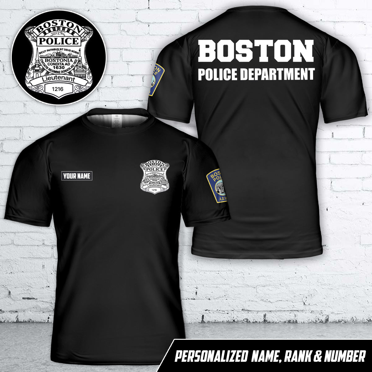 Custom Name, Rank And Number Boston, Massachusetts, Boston Police Department (BPD) T-Shirt 3D
