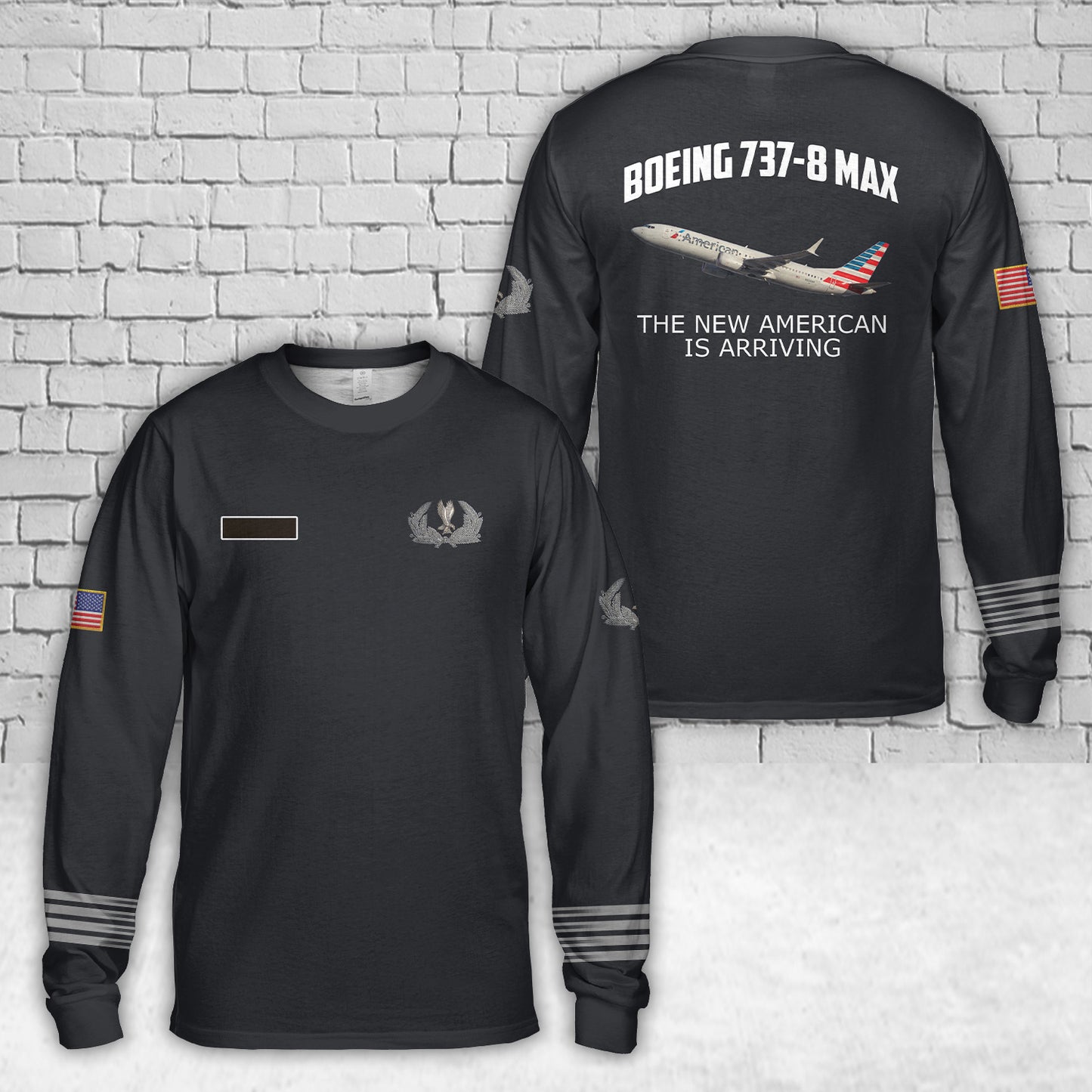 Custom Name American Airlines Cap Badge Boeing 737-8 MAX AOP Long Sleeve Shirt