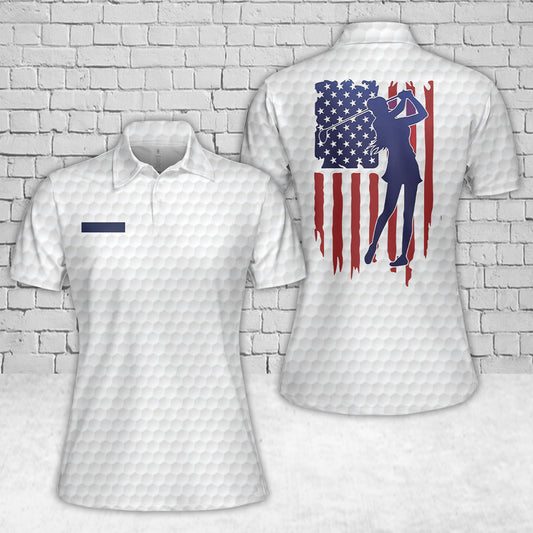 Custom Name American Flag Patriotic Golf Women's Polo Shirt