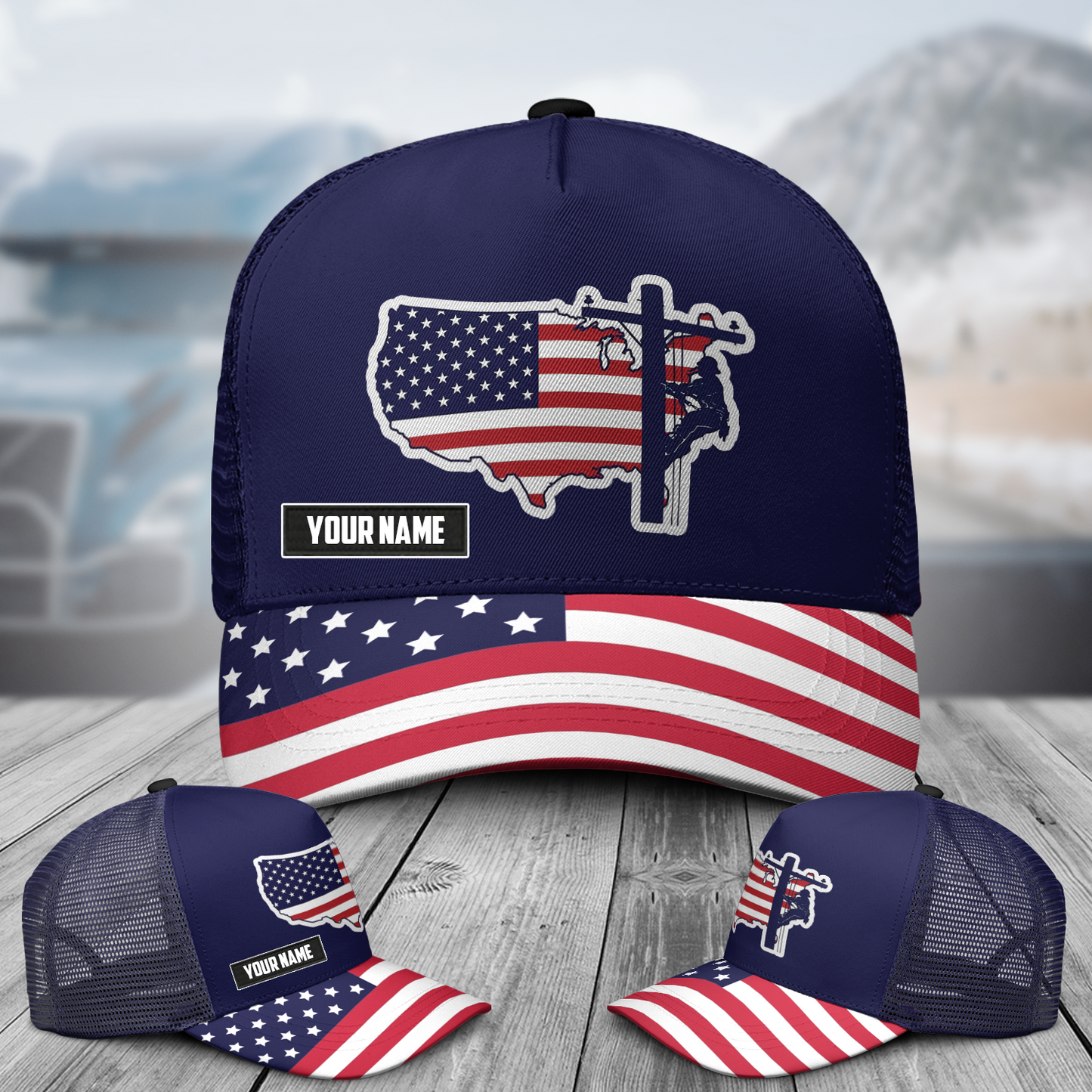 Custom Name American USA Lineman AOP Trucker Cap