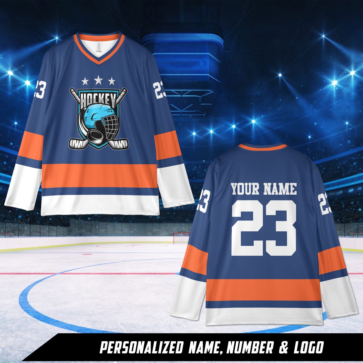 Custom Name And Number, Logo Team Orange, Blue And White AOP Hockey Jersey