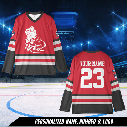 Custom Name And Number, Logo Team Red, Black And White AOP Hockey Jersey