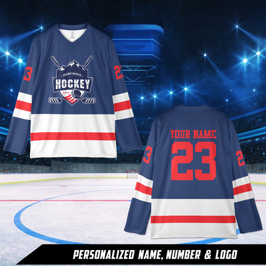 Custom Name And Number, Logo Team Red, Blue And White AOP Hockey Jersey