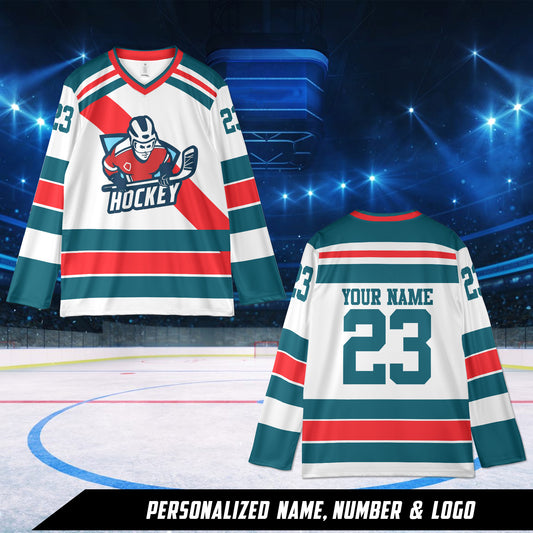 Custom Name And Number, Logo Team Red, Green And White AOP Hockey Jersey