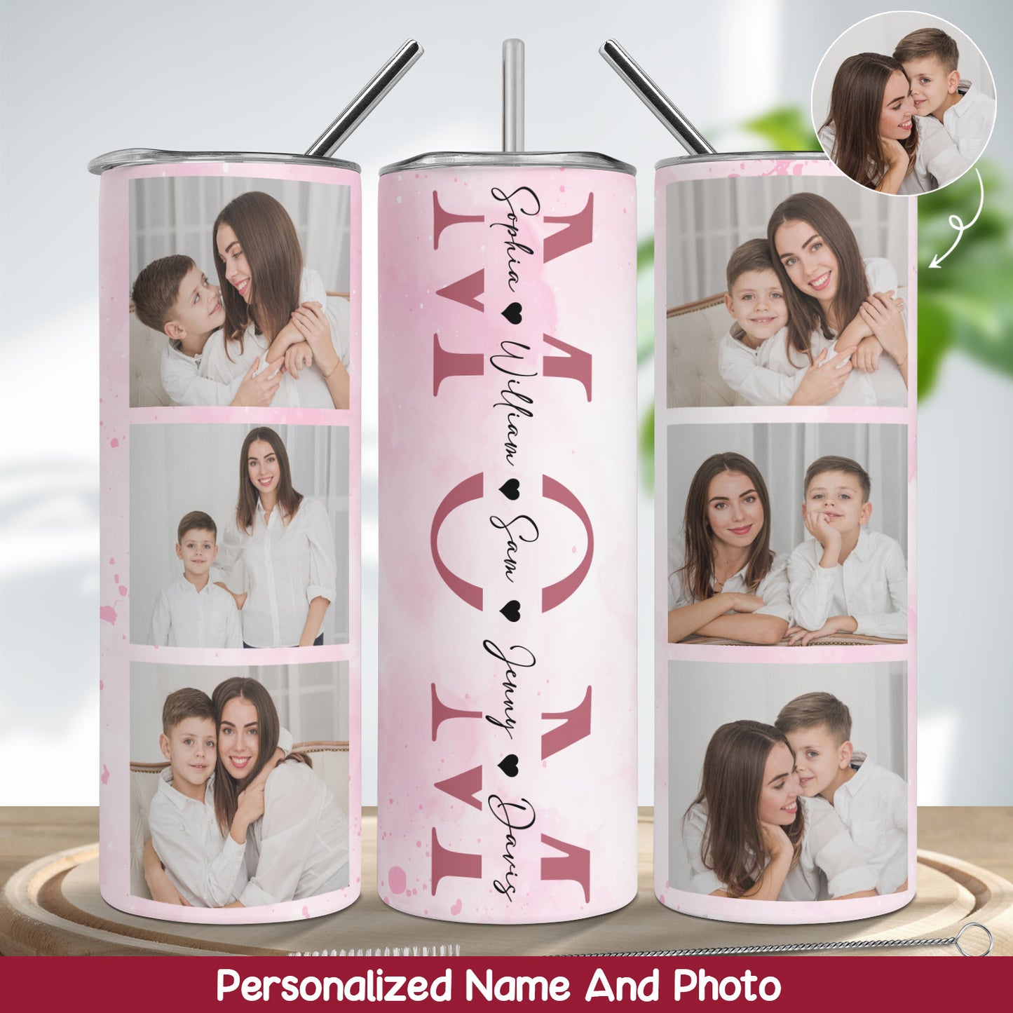 Custom Name And Photo Mother's Day Gift Skinny Tumbler Stainless Steel with Lids 20OZ