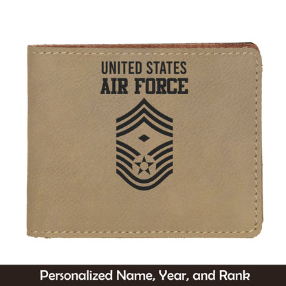 Custom Name, Year And Rank US Air Force Enlisted Ranks Leatherette Bifold Wallet (Made in US)