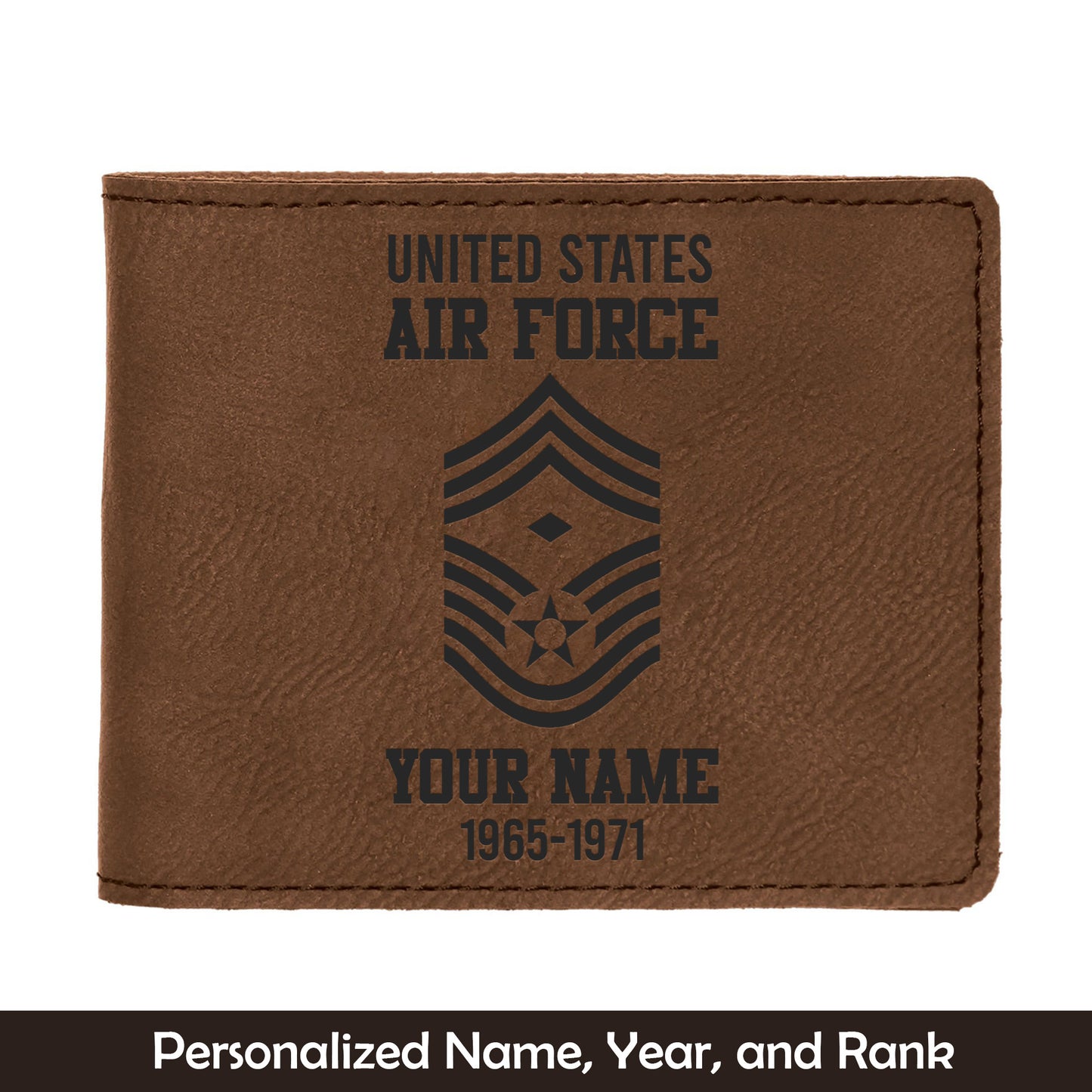 Custom Name, Year And Rank US Air Force Enlisted Ranks Leatherette Bifold Wallet (Made in US)