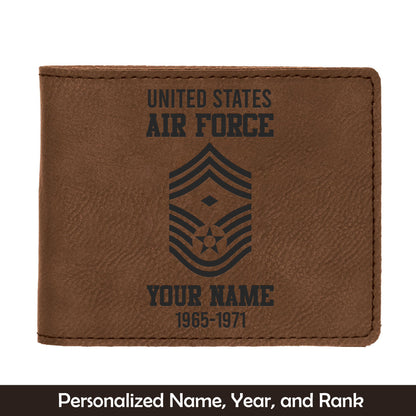Custom Name, Year And Rank US Air Force Enlisted Ranks Leatherette Bifold Wallet (Made in US)