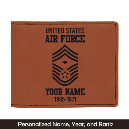 Custom Name, Year And Rank US Air Force Enlisted Ranks Leatherette Bifold Wallet (Made in US)
