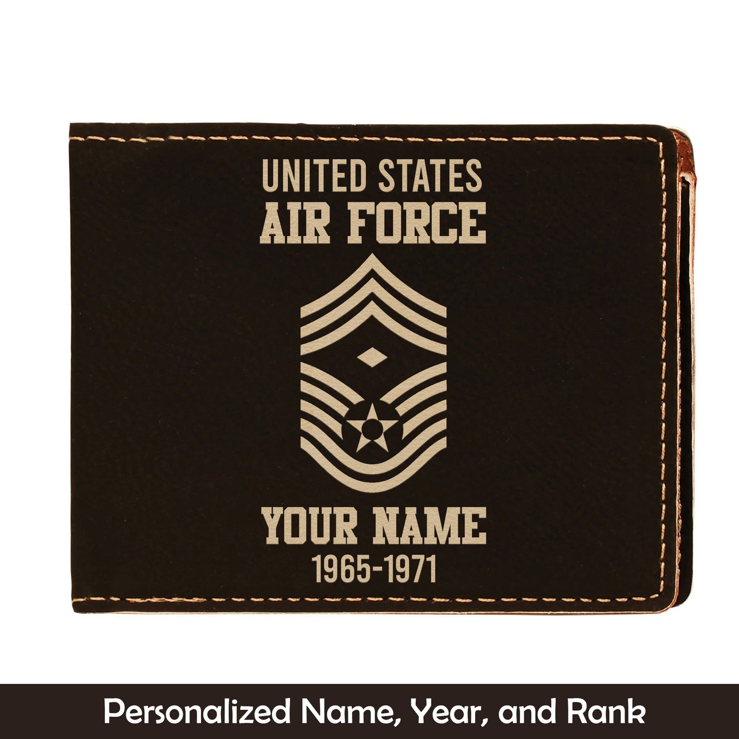 Custom Name, Year And Rank US Air Force Enlisted Ranks Leatherette Bifold Wallet (Made in US)