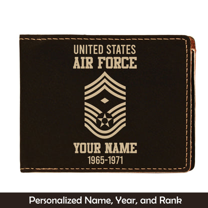 Custom Name, Year And Rank US Air Force Enlisted Ranks Leatherette Bifold Wallet (Made in US)