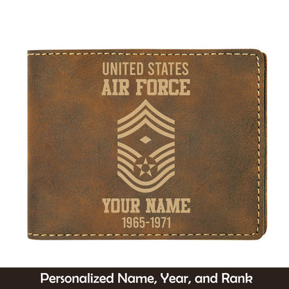 Custom Name, Year And Rank US Air Force Enlisted Ranks Leatherette Bifold Wallet (Made in US)