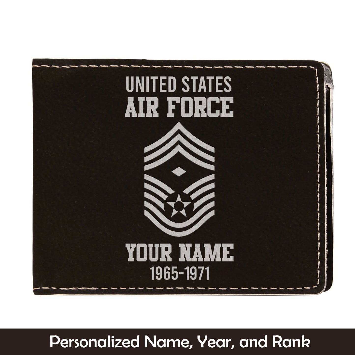 Custom Name, Year And Rank US Air Force Enlisted Ranks Leatherette Bifold Wallet (Made in US)