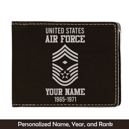 Custom Name, Year And Rank US Air Force Enlisted Ranks Leatherette Bifold Wallet (Made in US)