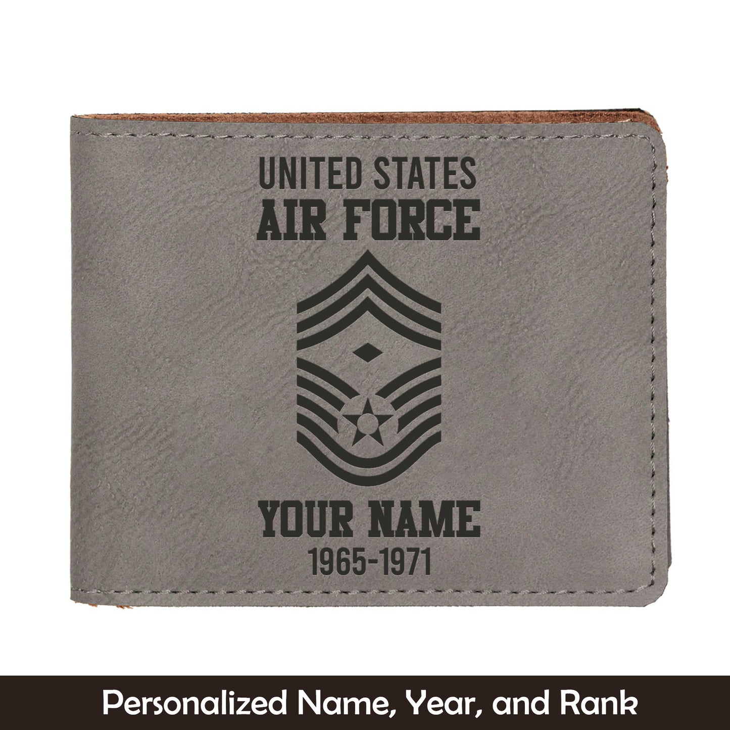 Custom Name, Year And Rank US Air Force Enlisted Ranks Leatherette Bifold Wallet (Made in US)