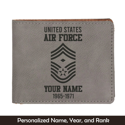 Custom Name, Year And Rank US Air Force Enlisted Ranks Leatherette Bifold Wallet (Made in US)