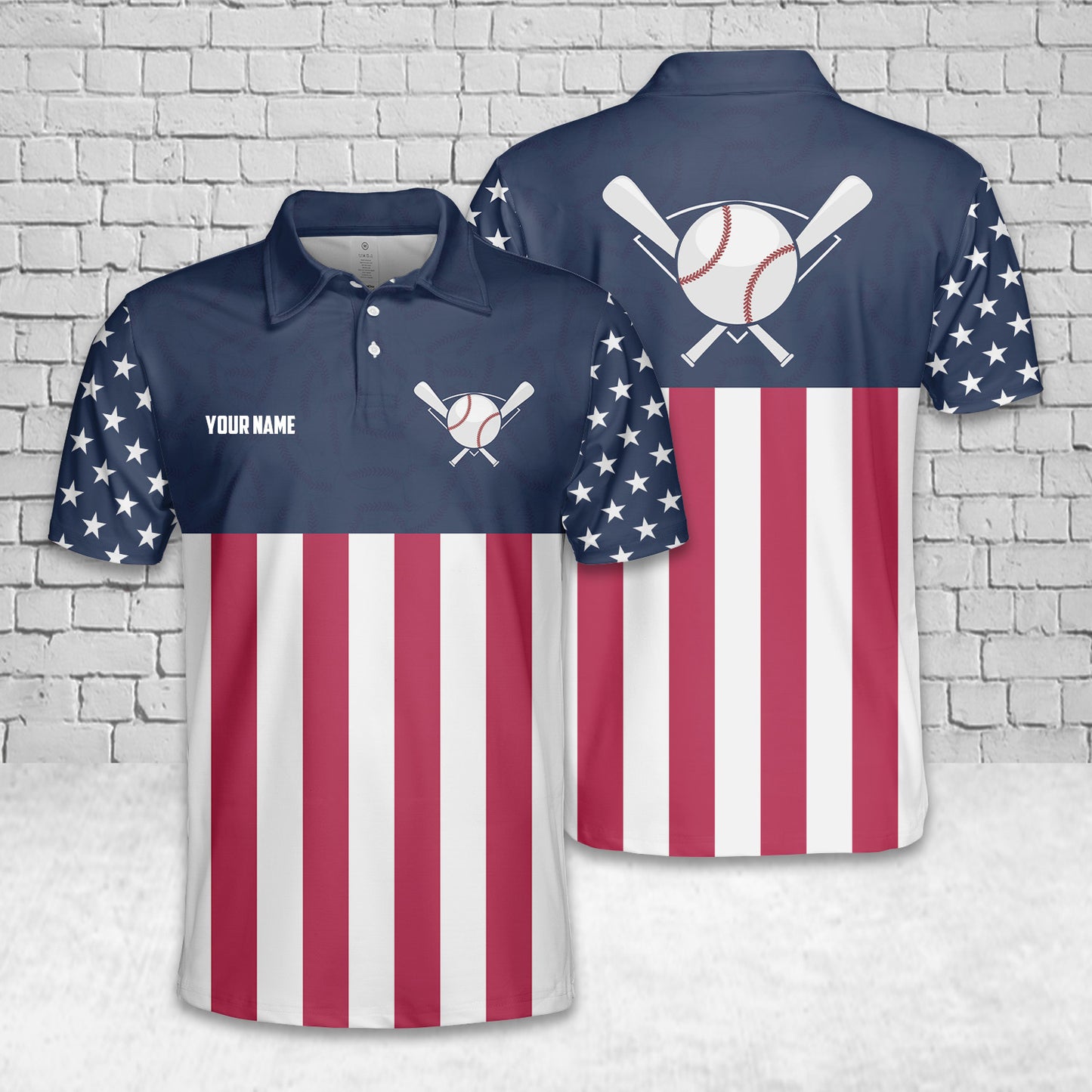 Custom Name Baseball USA Flag Polo Shirt