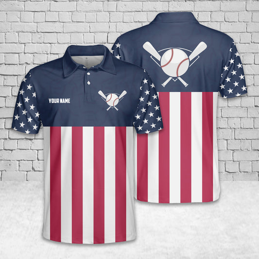 Custom Name Baseball USA Flag Polo Shirt