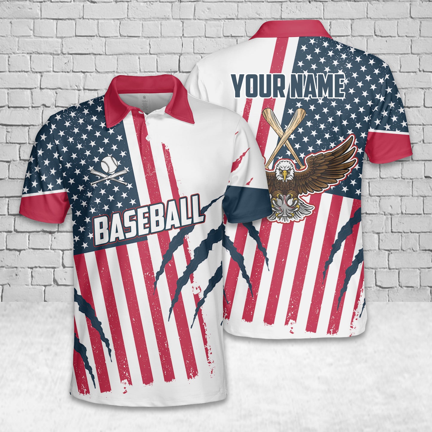 Custom Name Baseball USA Flag Polo Shirt