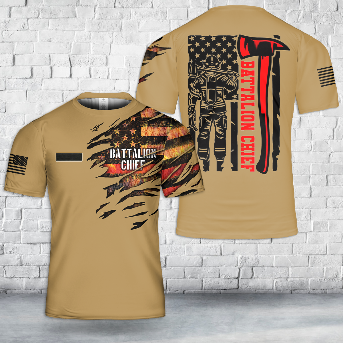 Custom Name Battalion Chief Patriotic US Flag Firefighter T-Shirt 3D