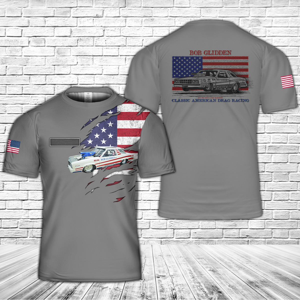Custom Name Bob Glidden 1978 Pro Stock Ford Fairmont Drag Racing American Flag T-Shirt 3D