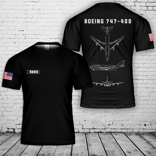 Custom Name Boeing B747-400 Blueprint 3D T-Shirt