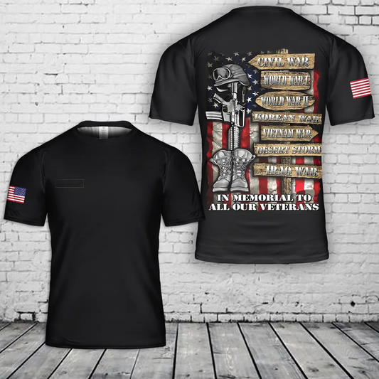 Custom Name Civil War In Memorial To All Our Veterans American Flag T-Shirt 3D