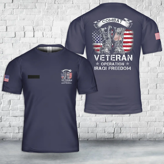 Custom Name Combat Veteran Iraqi Freedom Military American Flag T-Shirt 3D