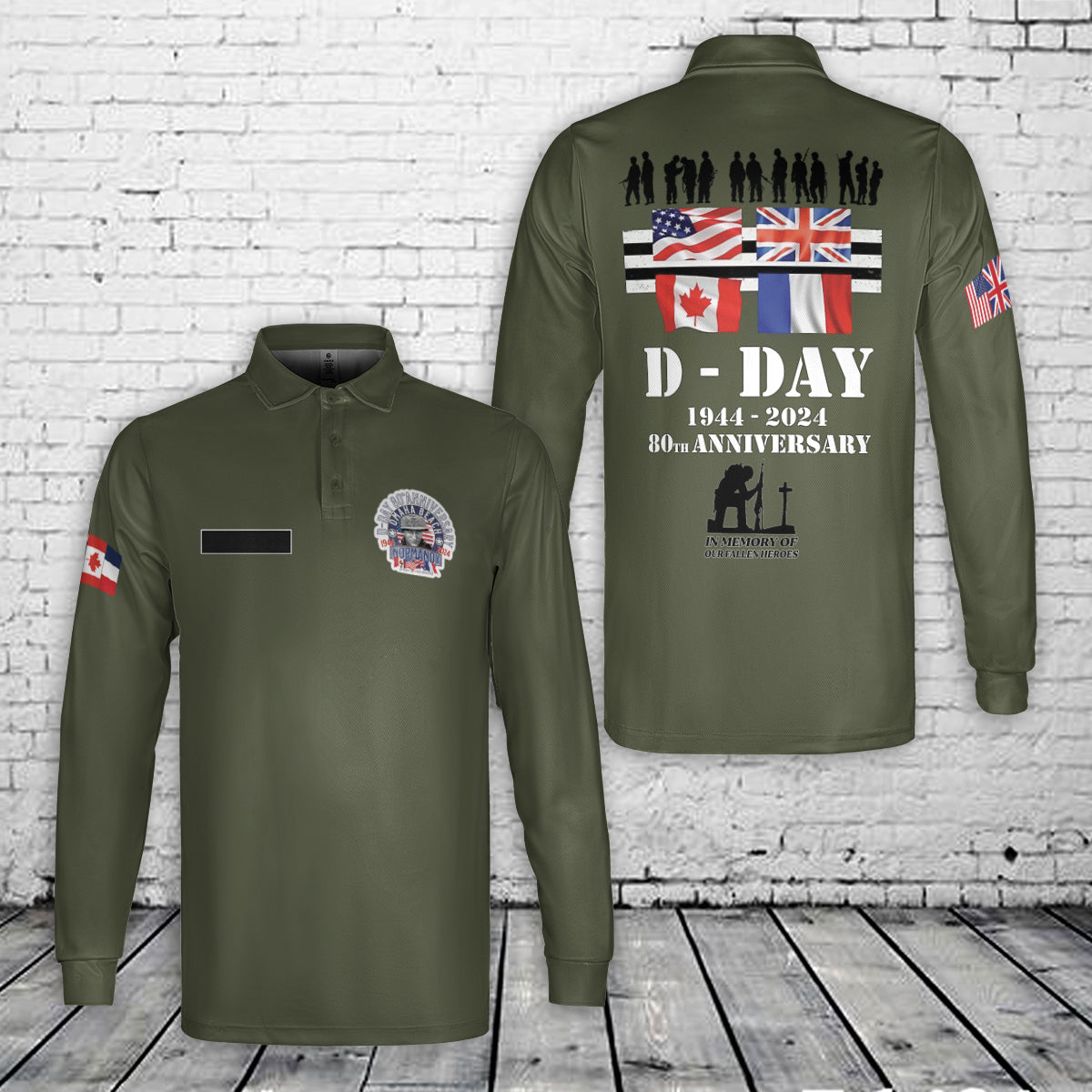 Custom Name D-Day 80th Anniversary 1944-2024 AOP Men's Long Sleeve Polo Shirt (Midweight)