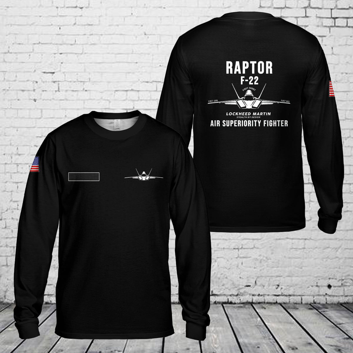 Custom Name US Air Force F-22 Raptor Stealth Air Superiority Fighter AOP Long Sleeve Shirt