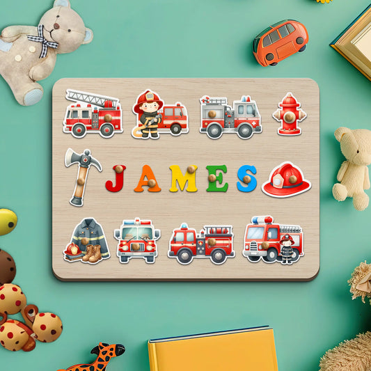 Custom Name Fire Trucks, Fire Engine and Fire Fighter Wooden Puzzle Board