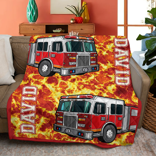 Custom Name Firefighter Fire Truck Quilt Blanket