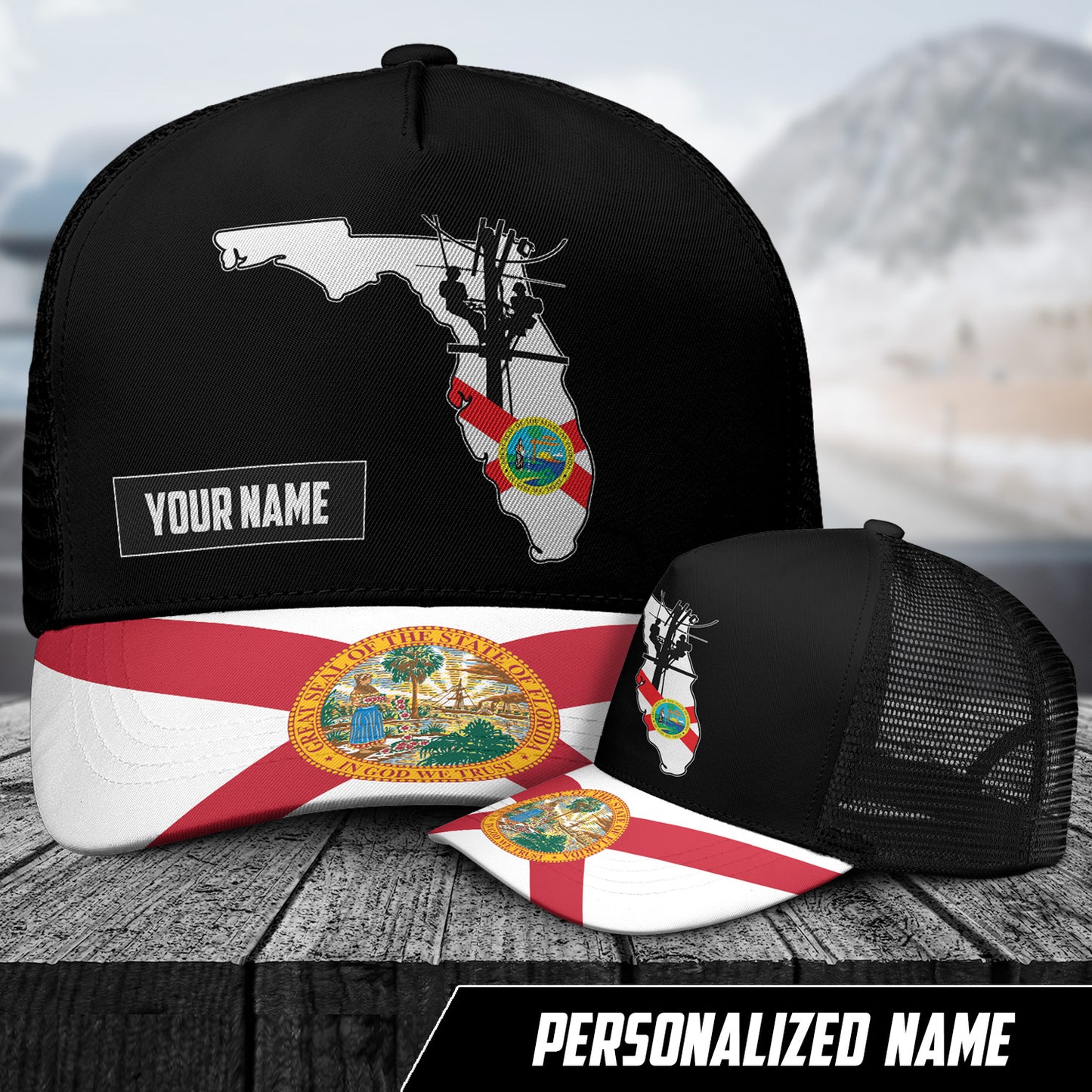 Custom Name Florida Lineman AOP Trucker Cap