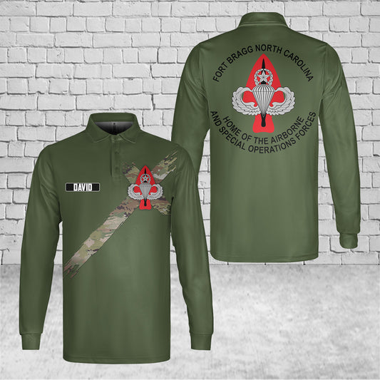 Custom Name Fort Bragg Home Of The Airborne And Special Operations Forces AOP Men's Long Sleeve Polo Shirt