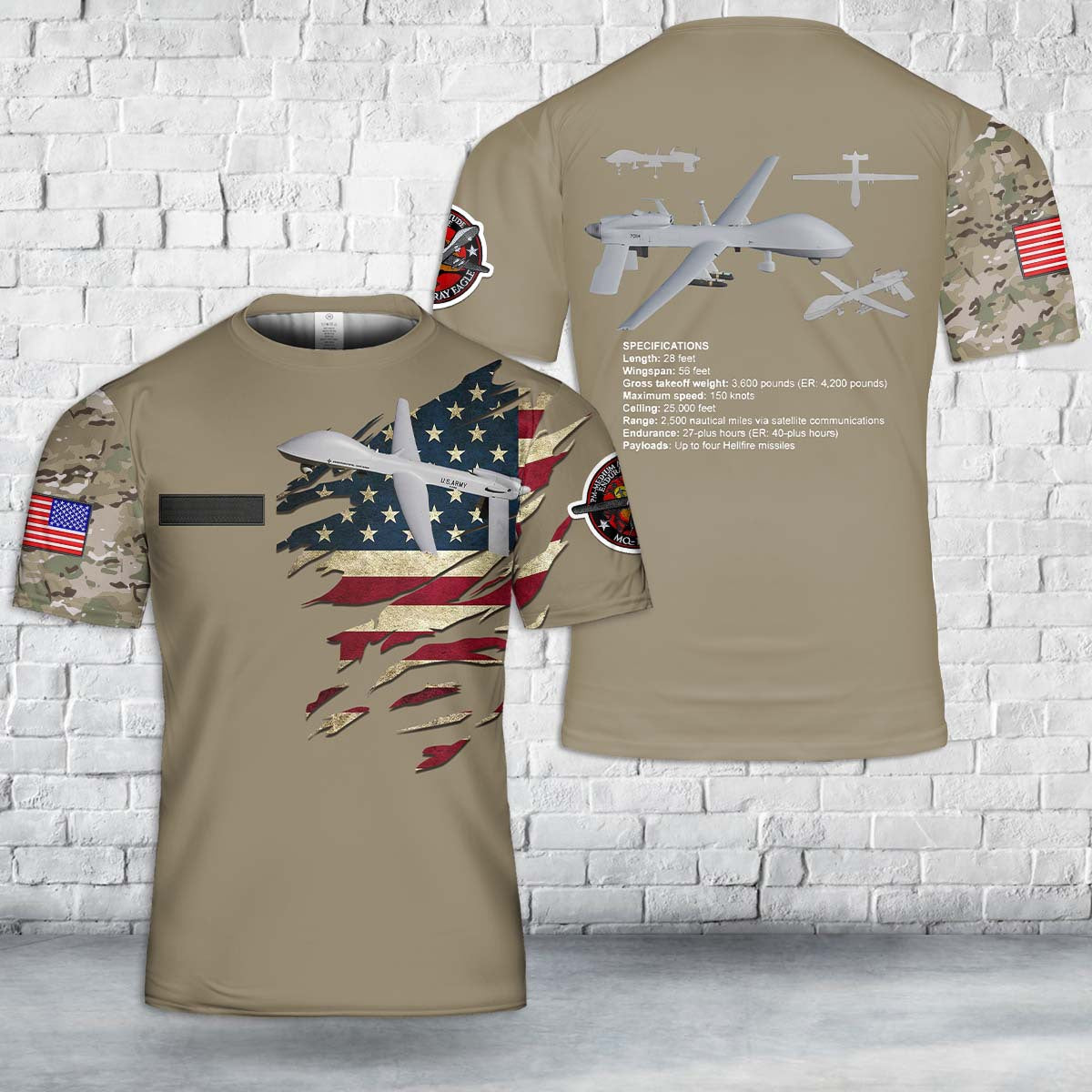 Custom Name US Army General Atomics MQ-1C Gray Eagle T-Shirt 3D