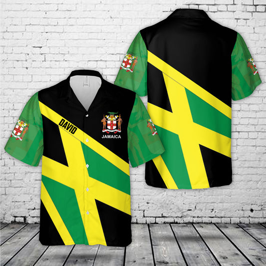 Custom Name Jamaica Flag Coat of Arms Hawaiian Shirt