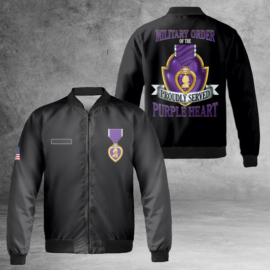 Custom Name Military Order Of The Proudly Served Purple Heart AOP Fleece Bomber Jacket