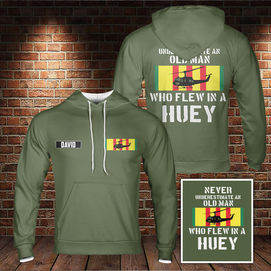 Custom Name Never Underestimate An Old Man Who Flew In A Huey UH-1 Vietnam Veteran 3D Hoodie