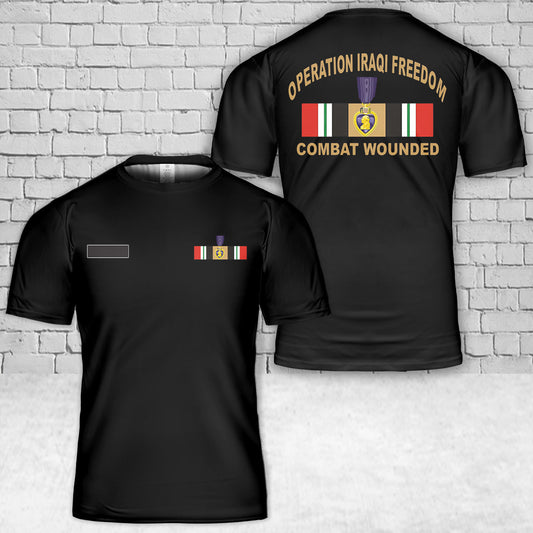 Custom Name Operation Iraqi Freedom (OIF) Purple Heart Combat Wounded with Ribbon T-Shirt 3D
