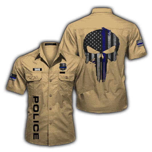 Custom Name Police Thin Blue Line Cargo Cotton Shirt