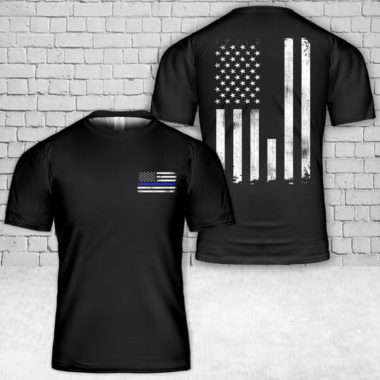 Custom Name Police Thin Blue Line Vertical Flag T-Shirt 3D