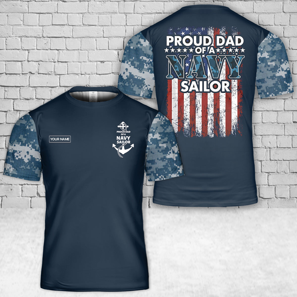 Custom Name Proud Dad of a Navy Sailor T-Shirt 3D