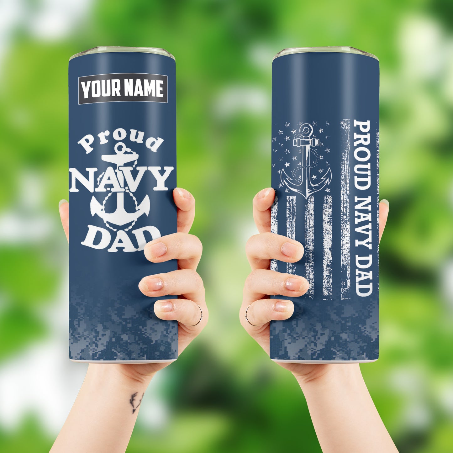 Custom Name Proud Navy Dad Skinny Tumbler Stainless Steel with Lids 20OZ