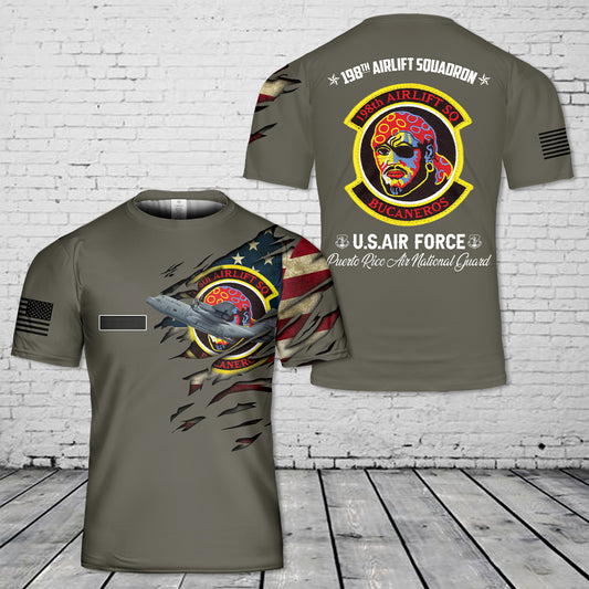 Custom Name Puerto Rico Air National Guard 198th Airlift Squadron WC-130H Hercules Flag T-Shirt 3D
